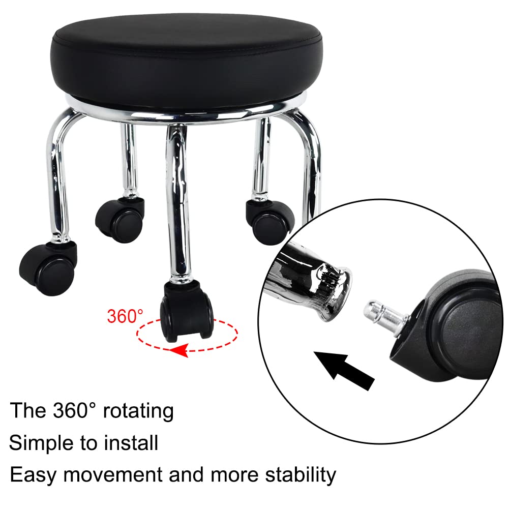 WKWKER Small Roller Stool PU Leather Wheeled Seat 360° Rotating Low Round Stool with Universal Wheels for Home Massage Garden Office Garage Shop Fitness Sports, H:31.5cm (Black)
