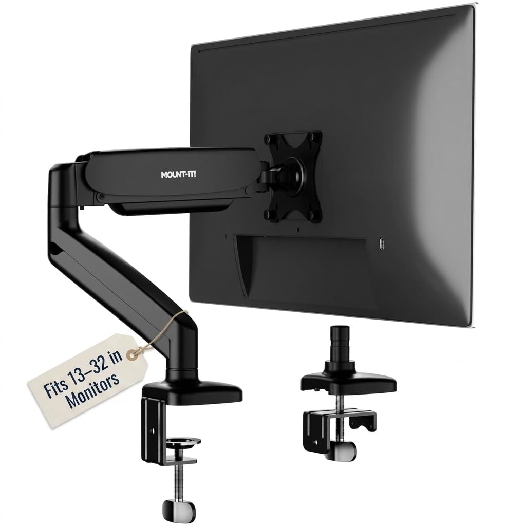 Mount-It! Monitor Arm – Single Monitor Desk Mount, Articulating Gas Spring Arm, Fully Adjustable 13"-32" Screens, VESA 75x75 100x100, Clamp & Grommet Base, Holds 17.6 lbs