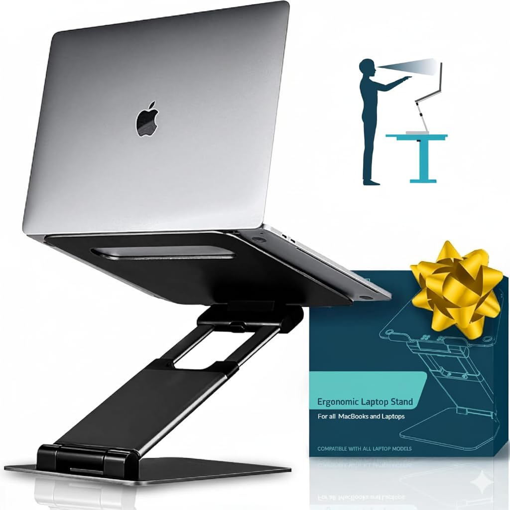 Ergonomic Laptop Stand for Desk – Adjustable Sit to Stand Computer Riser & Portable Foldable Notebook Holder Compatible with MacBook Air Pro, Dell, HP 10-17" – Aluminum, Height Up to 20" (Black)