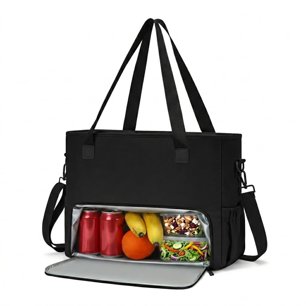 Lunch Bag for Women, Tote Bag with Insulated Lunch Compartment, Non-Leather Water-Resistant Polyester Laptop Bag, Large Capacity & Cup Holder, Casual Work Tote for Teacher, Nurse, Travel, Daily, Black