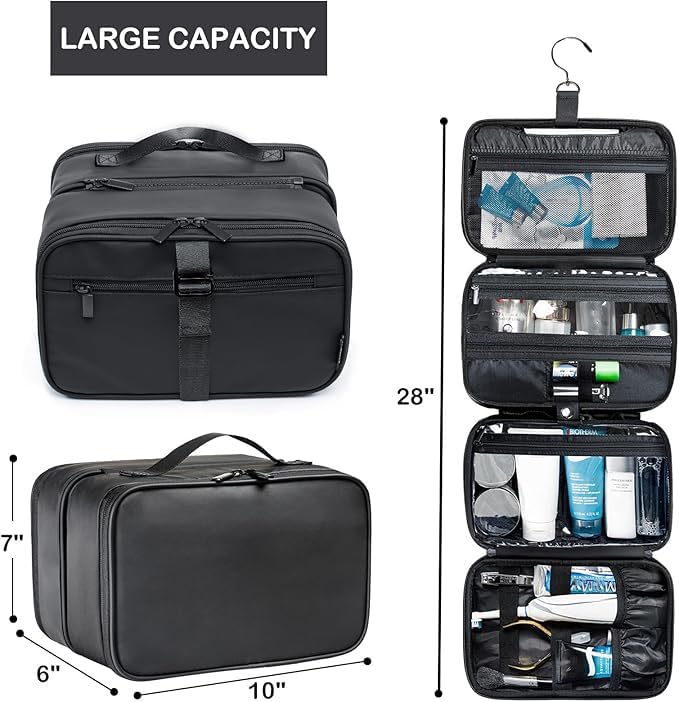BAGSPRITE Large Hanging Toiletry Bag for Men and Women - Water-Resistant Travel Toiletry Bag - Makeup Cosmetic Bag Travel Organizer for Accessories, Shampoo, Full-size Container, 2IN1 Black