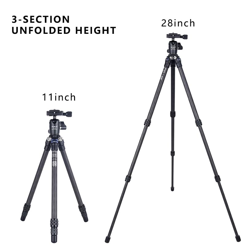 AOKA 28in/1.1lb Lightweight Compact Carbon Fiber Tripod with 360° Ballhead Travel Mini Tripod for Mobile Phone and Compact Mirrorless Cameras Black