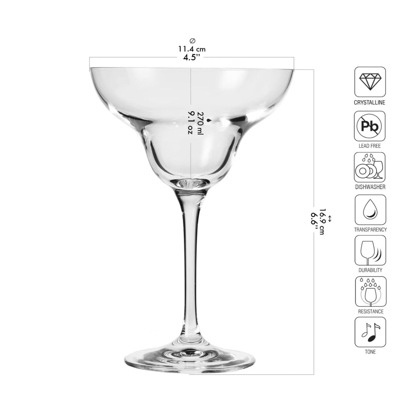 KROSNO Margarita Cocktail Glasses | Set of 6 | 9.1 oz | Mixology Collection | Perfect for Home, Restaurants and Parties | Dishwasher Safe