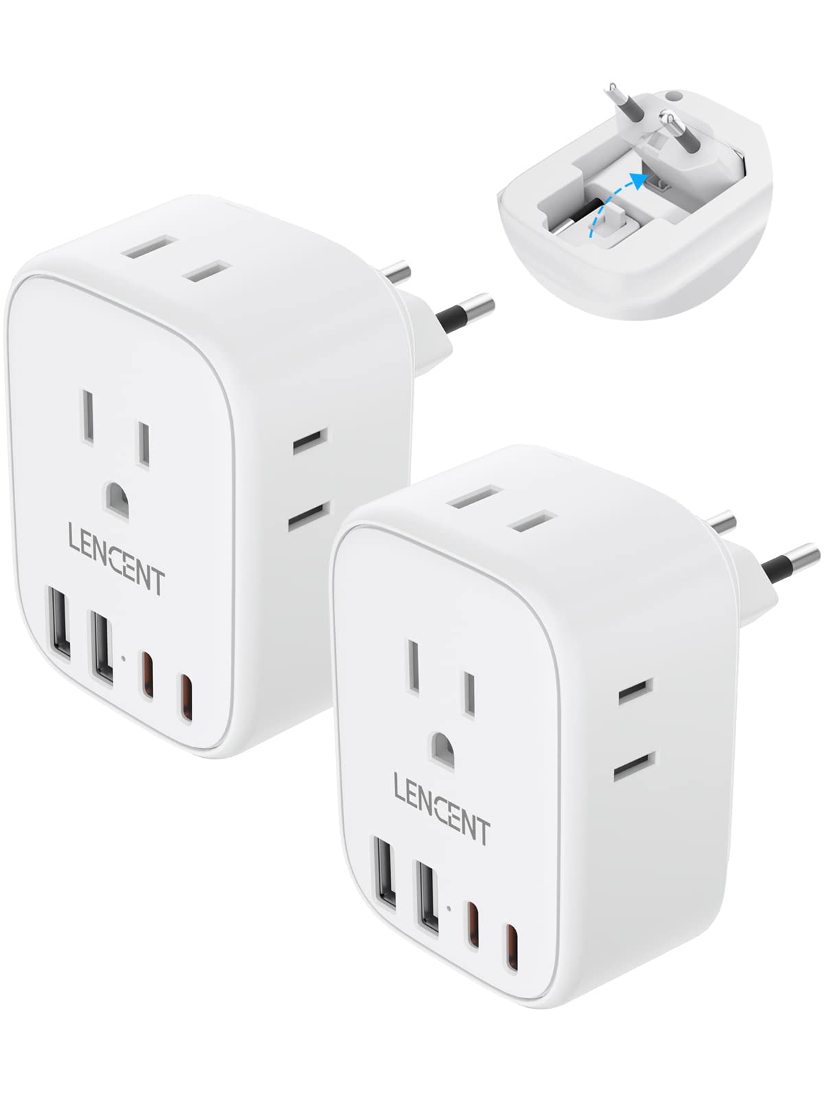 2 Pack European Travel Plug Adapter, LENCENT International Type-C Foldable Power Plug with 4 Outlets, USB C Charger Adaptor, Canada/US to Most of Europe EU Iceland Spain Italy France Germany Greece