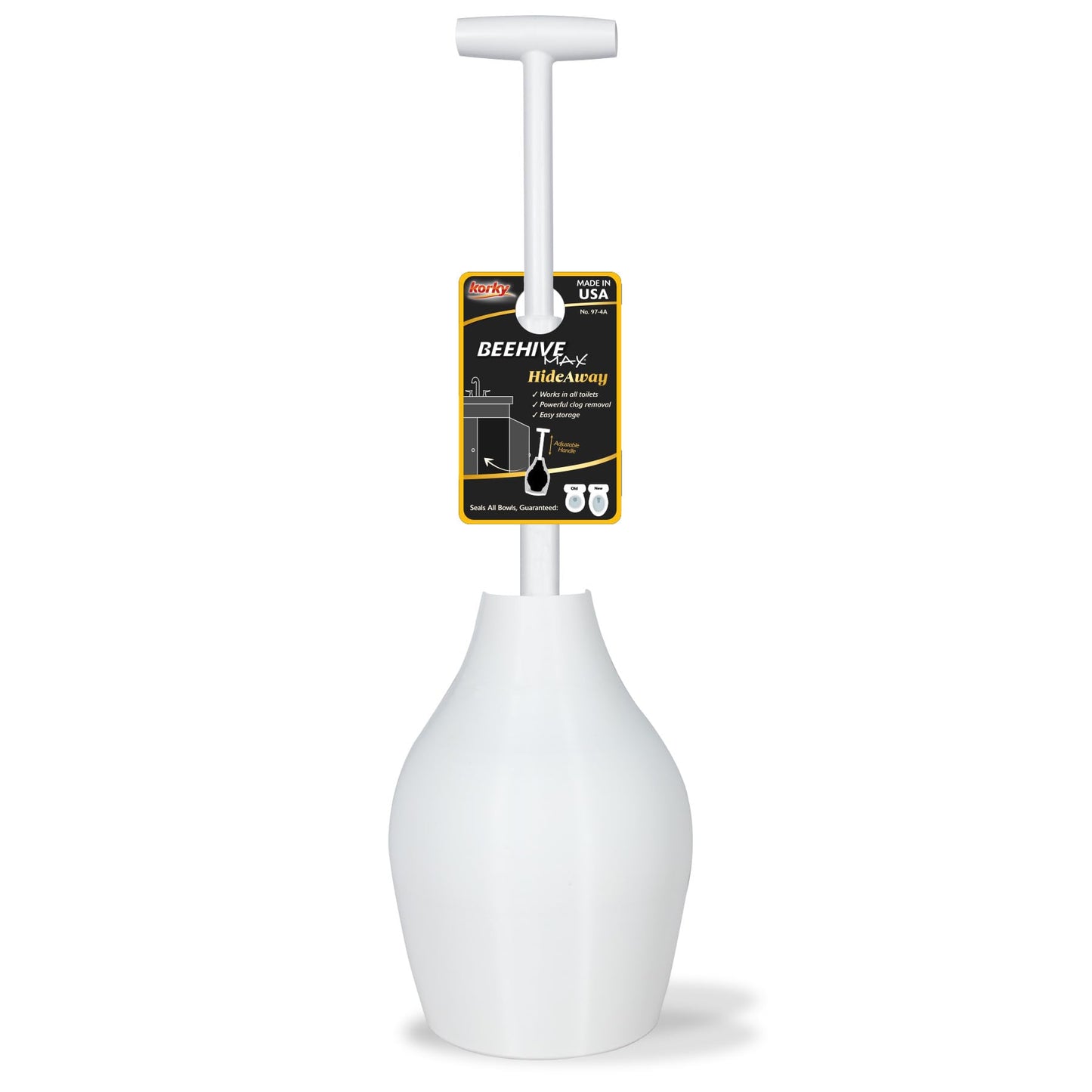 Korky BeehiveMAX Hideaway - Heavy Duty Toilet Plunger with Holder - Drip Free Carry - Seals All Bowl Shapes – Powerful Clog Removal, 97-5