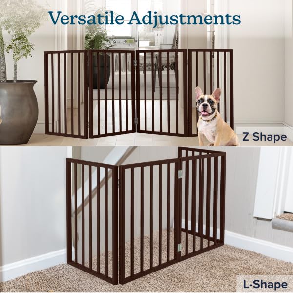 Wooden Pet Gate- Foldable 4-Panel Indoor Barrier Fence, Freestanding & Lightweight Design for Dogs, Puppies, Pets- 72 x24” (Brown Stain)