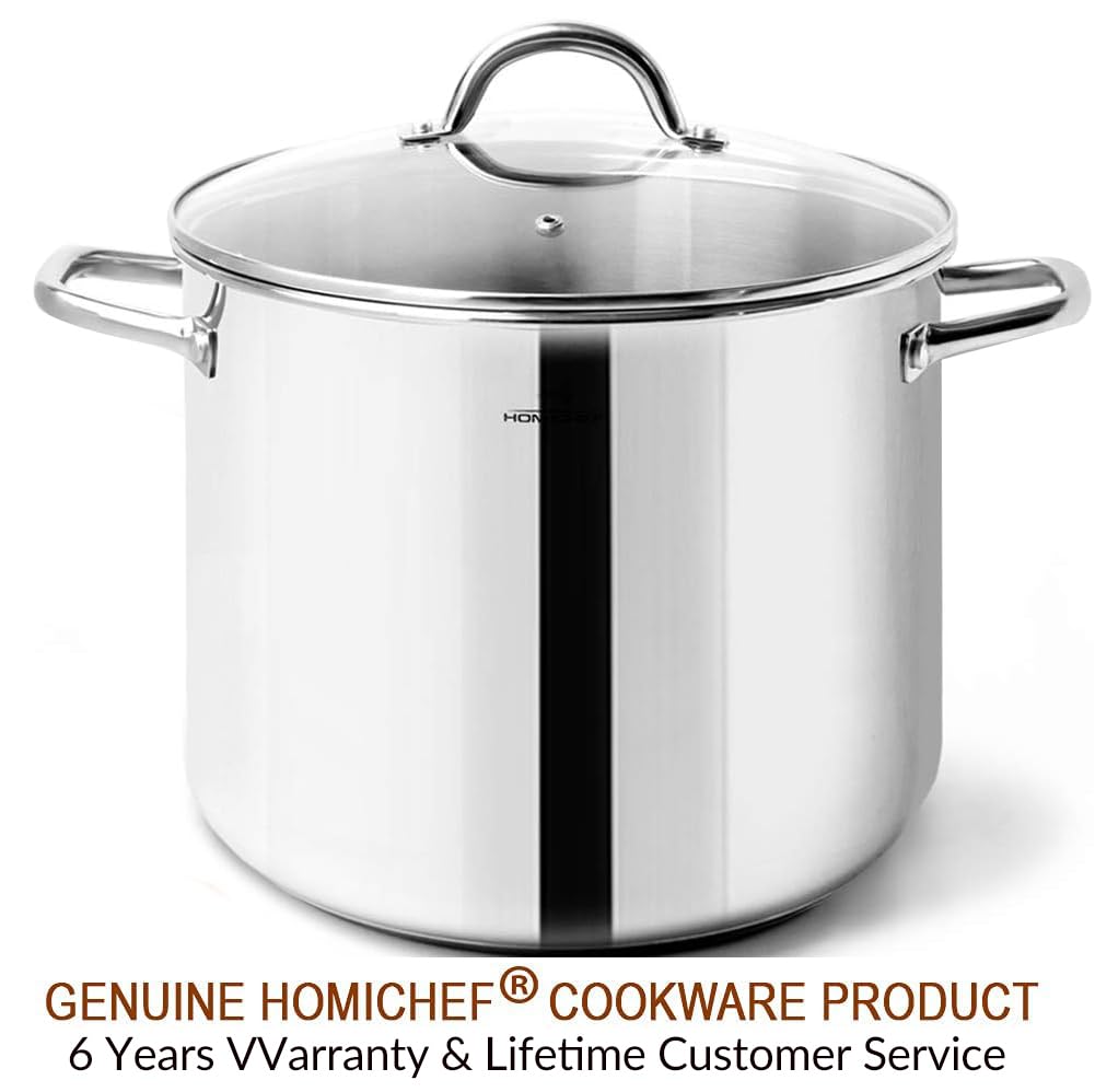 HOMICHEF 10 Quart Stock Pot With Glass Lid - Nickel Free Stainless Steel 10 Qt Pots With Handle - Mirror Polished StockPot 10 Quart - Induction Cooking Pots With Lid - Healthy Soup Pot