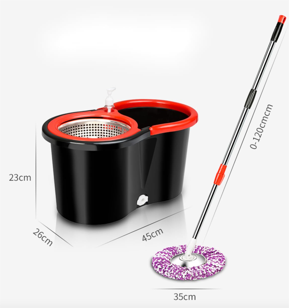 SHOPONTO Spin Mop and Bucket System with Stainless Steel Wringer, Microfiber Mop, Black/Red, 45x26x23 cm Bucket, Telescopic Handle 90-120 cm, 2 Mop Heads, 360 Spin Mop Floor Cleaning Set