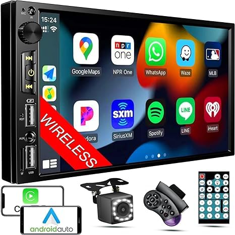 7" Dual Din Wireless Car Stereo with Apple Carplay, Bluetooth FM Car Radio, Car Backup Camera, HD 1024x600 Touchscreen, Mirror Display, Fit Your