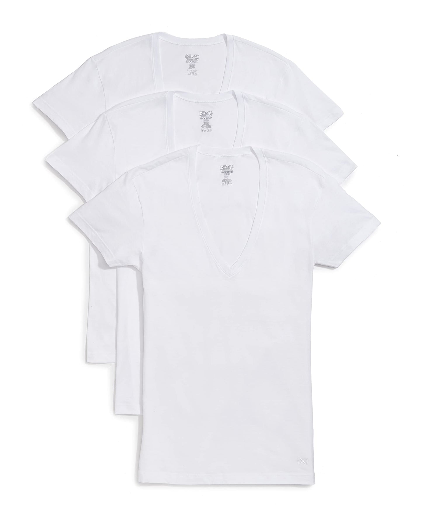2(x)ist Men's Cotton Slim Fit Deep V Neck T-Shirt Multipack, White, Large