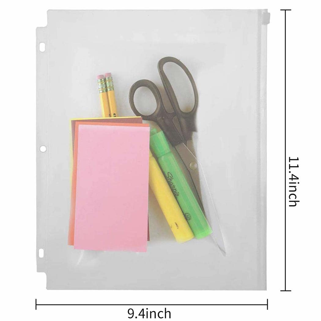 YoeeJob 3 Holes Clear PVC Zipper Binder Pocket Insert Pages Letter Size, 8 1/2"x 11 Loose Leaf Binder Filing Storage Bags 50 Per Pack