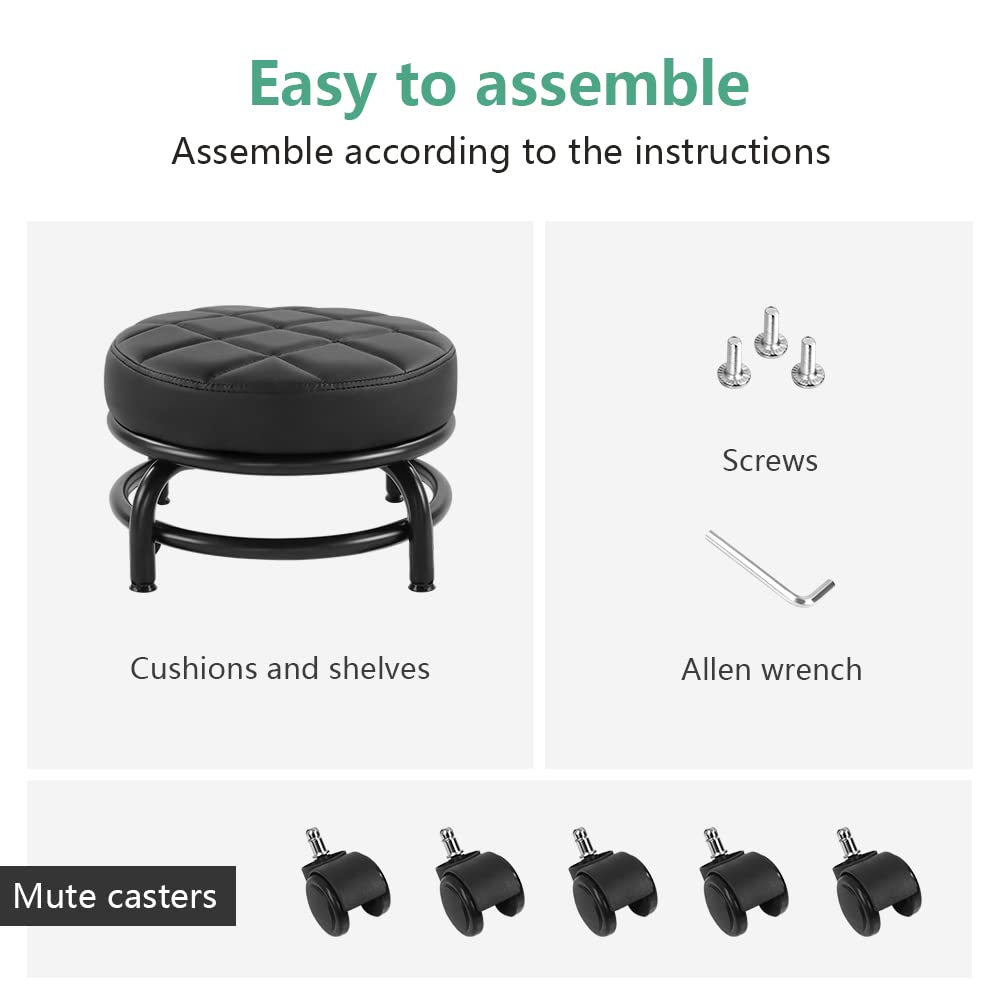 FURWOO Low Roller Seat PU Leather Rolling Stool Step Mechanic Stool on Wheels for Home Office Garage Shop Black