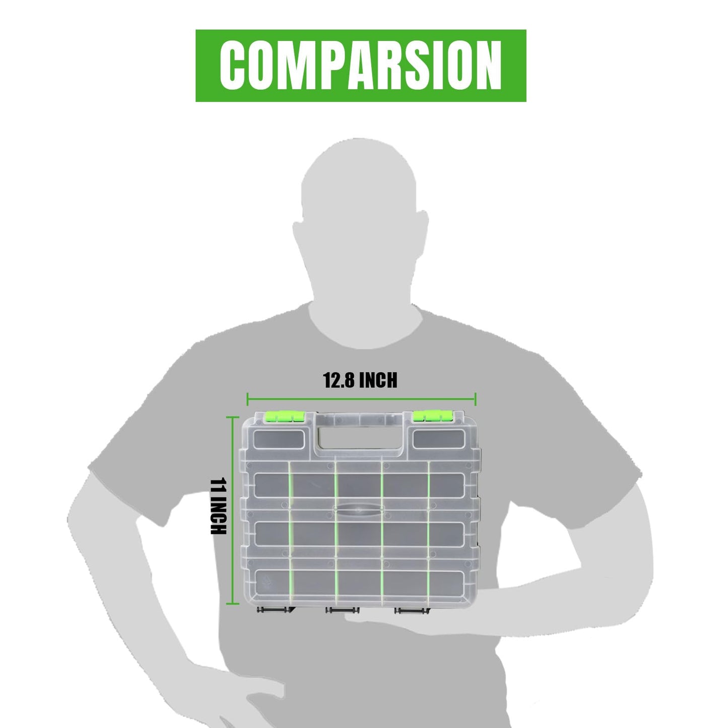 Jack Boss Tool Box with Transparent Lid, Double Side 34-Compartments Organizer Box with Removable Dividers for Hardware, Screws, Bolts, Nails, Beads, Jewelry and Fishing Accessories, Green, 2 Pack