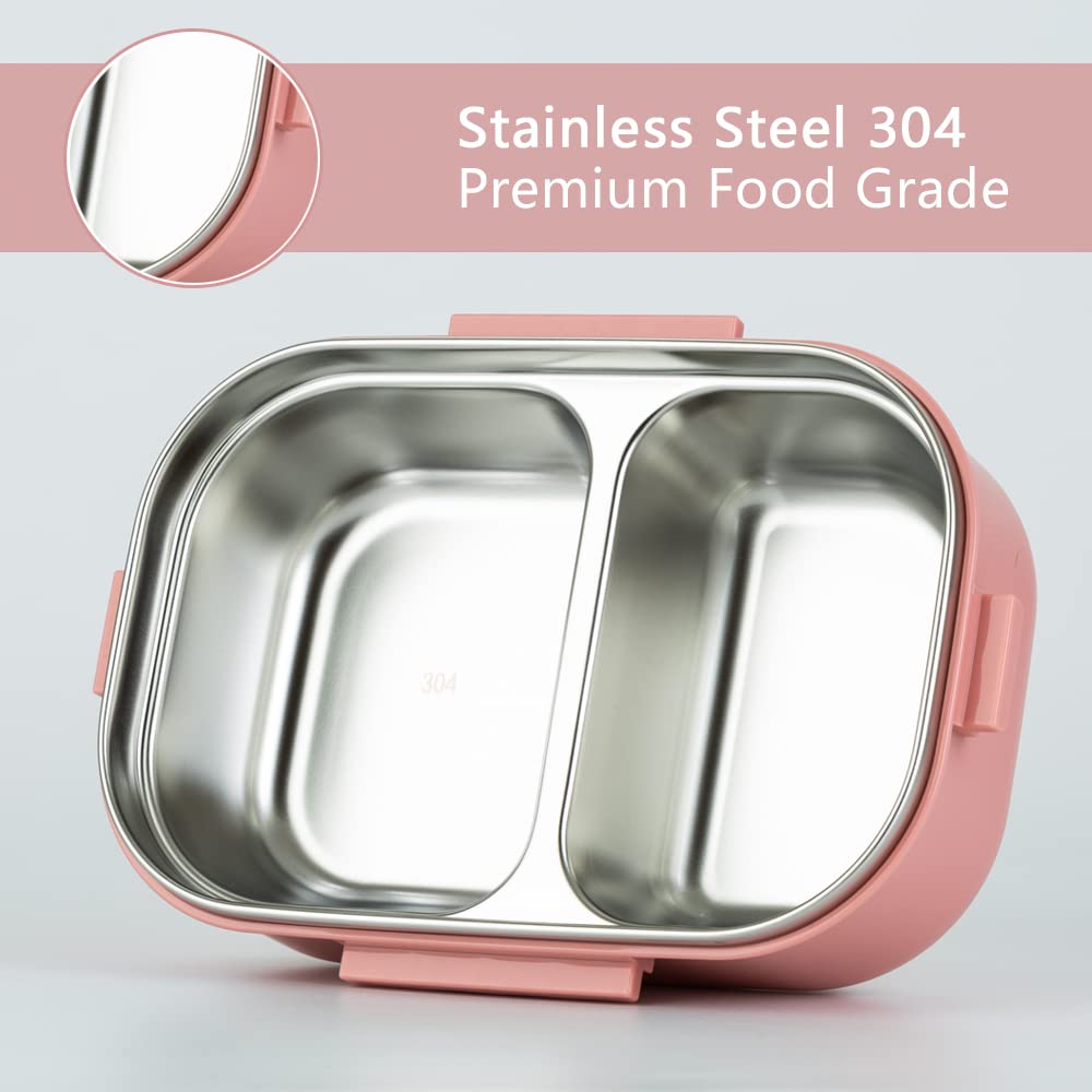 Lille Home 28oz Stainless Steel Leakproof 2-Compartment Bento Lunch Box/Portion Control Food Container with Lunch Bag and Cutlery Set, BPA Free (Pink)