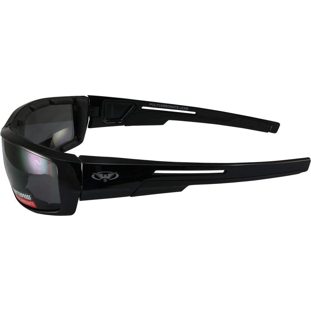 Global Vision 2 Pair of Sly Padded Motorcycle Sunglasses Gloss Black Frames with Smoke and Yellow Lenses