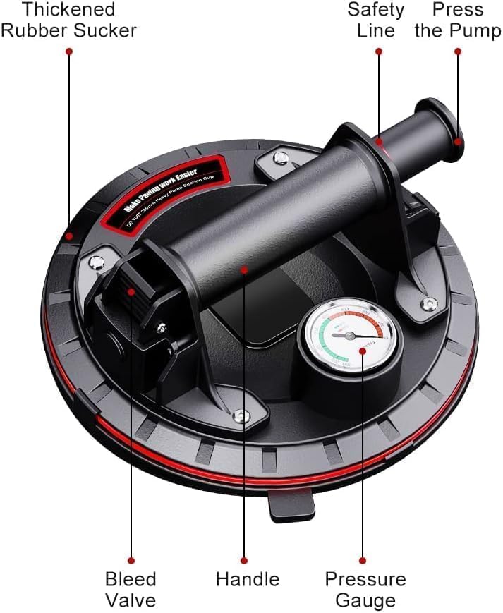 2 Pack 8" Glass Suction Cup with Pressure Gauge to Lift Large Glass - Heavy Duty Handheld Glass Lifter, Vacuum Suction Cups with Carrying Case for Window,Metal,Tiles, Windshield, 662 Lbs Load Capacity