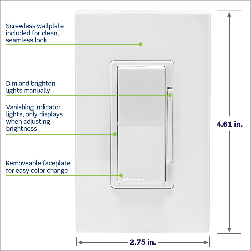 Leviton Decora Smart 0-10V Dimmer Switch, Wi-Fi, Neutral Wire Required, D2710-1BW, White