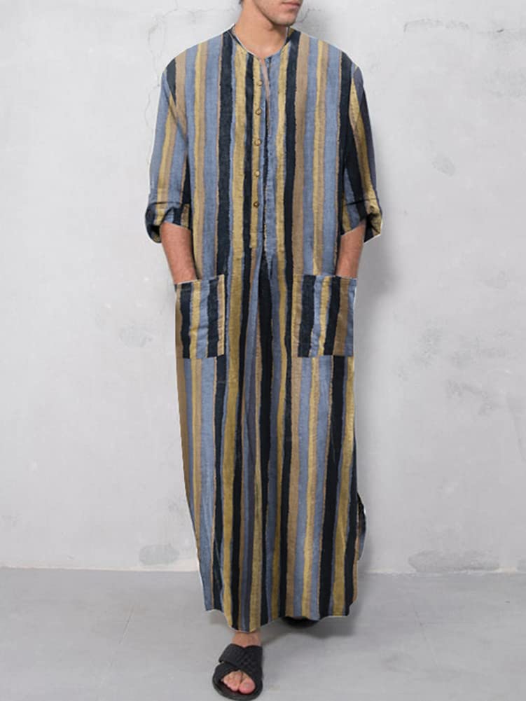 Hotmiss Men's Striped Robe Button Up Long Sleeve Kaftan Thobe Splits Long Gown Casual Shirt, Black, Large
