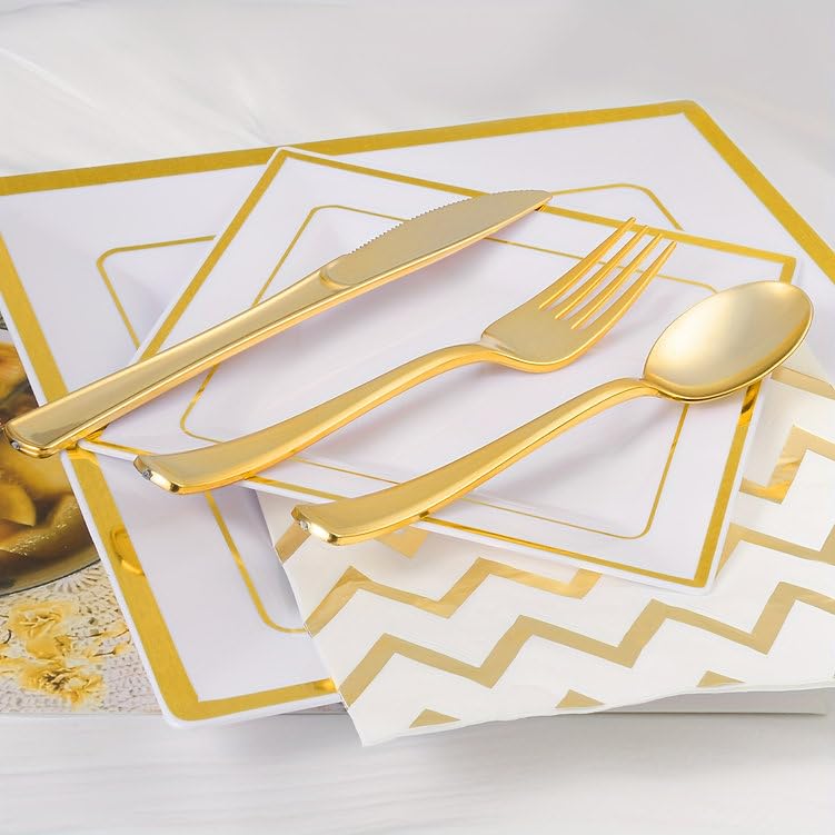 175PCS Gold Squart Plates with Plastic Silverware, Gold Disposable Dinnerware Set for Wedding & Party, Including 25 Dinner Plates, 25 Dessert Plates, 25 Cups, 25 Napkins, 25 Cutlery Set