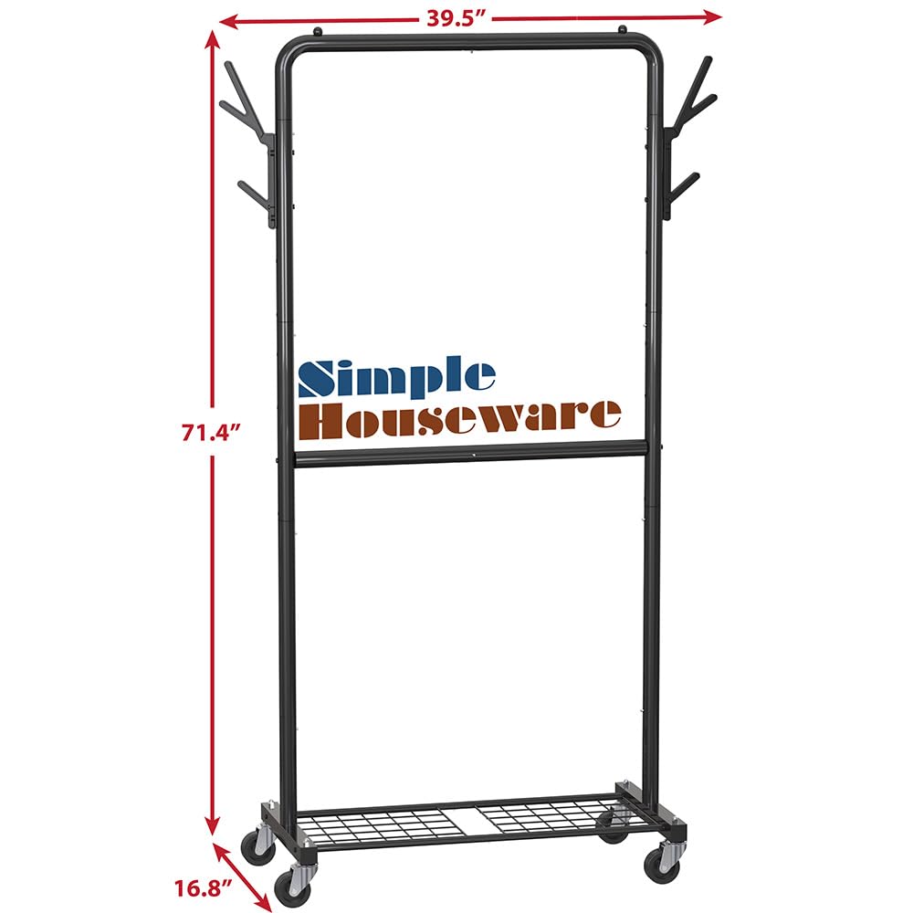 Simple Houseware Double Rod Clothes Rack with Wheels, Hooks & Shelves, Heavy-Duty Metal Garment Rack Organizer, Black