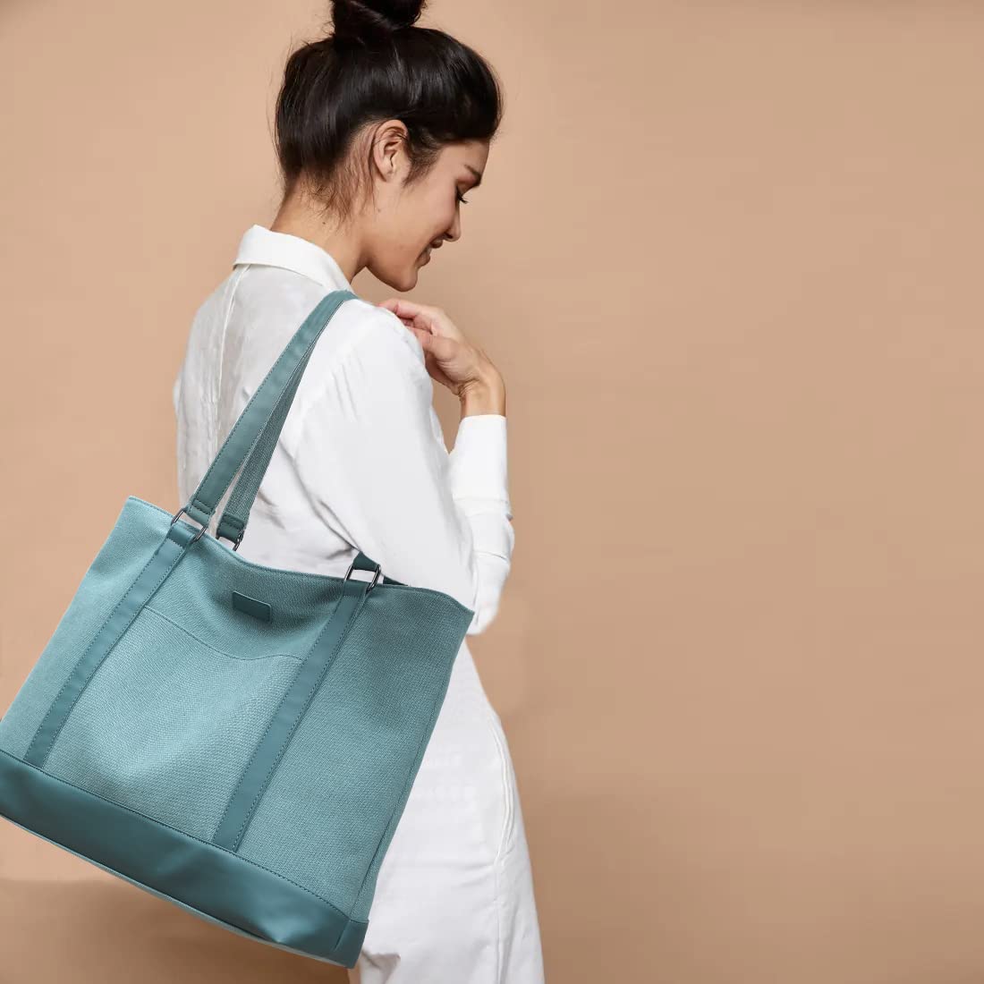 Laptop Bag for Women - Teacher Canvas Tote Bag with Compartments, Work Tote Bag for Travel Office 15.6 Inch, Green, Large, Professional Tote Bag for Work