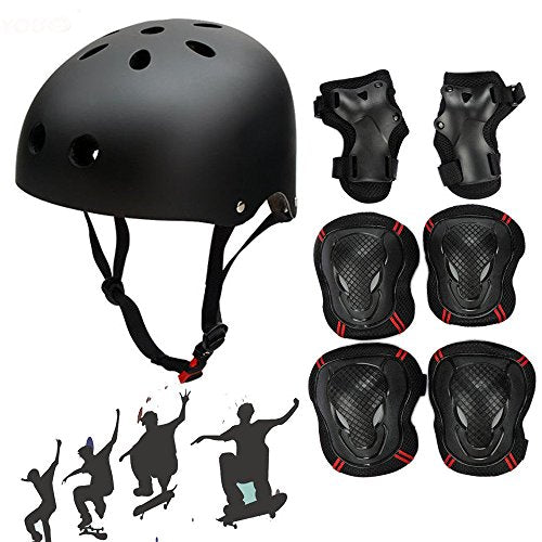 Besmall Skateboard/Skate Helmet with Protective Gear Knee Pads Elbow Pads Wrist Guards for Age 18+ Youth Adults BMX/Skateboard/Bike, for Head Size L (57-62cm) Black