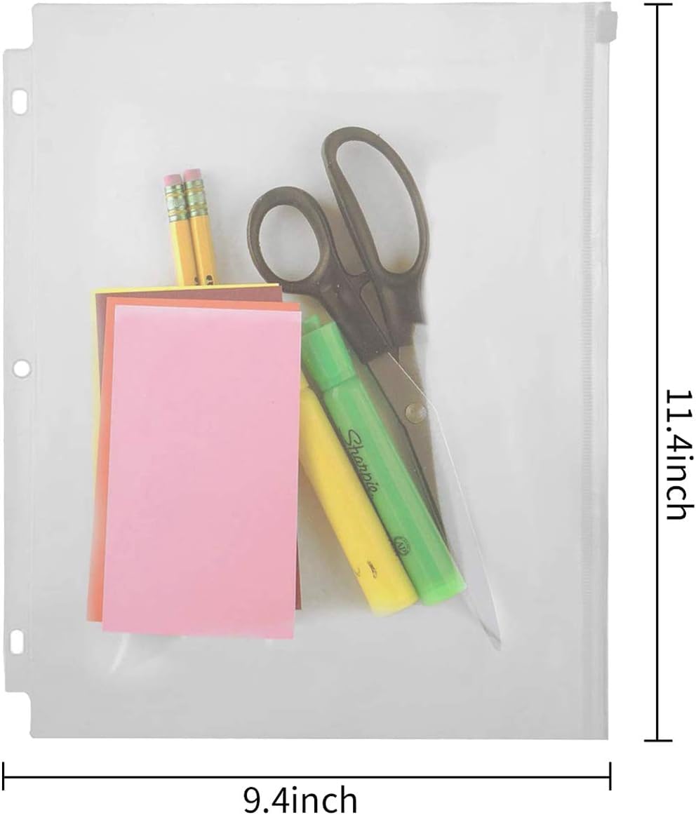 YoeeJob 3 Holes Clear PVC Zipper Binder Pocket Insert Pages Letter Size, 8 1/2"x 11 Loose Leaf Binder Filing Storage Bags 80 Per Pack
