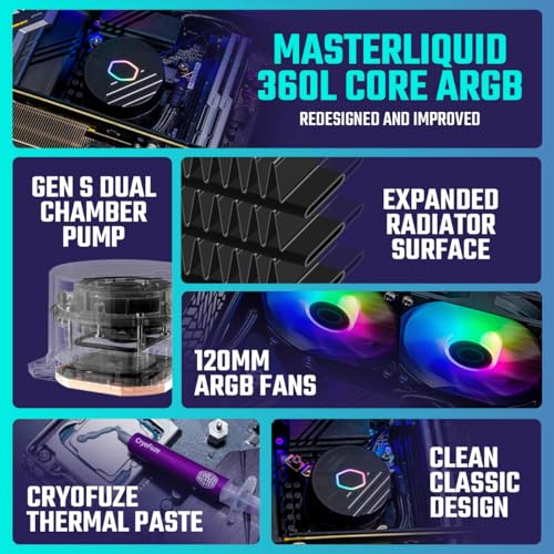 Cooler Master MasterLiquid 360L Core ARGB CPU Liquid Cooler - Dual Chamber Gen S Pump, Superior Radiator and 120 mm ARGB Fans, LGA 1700 and AM5 Brackets - Black