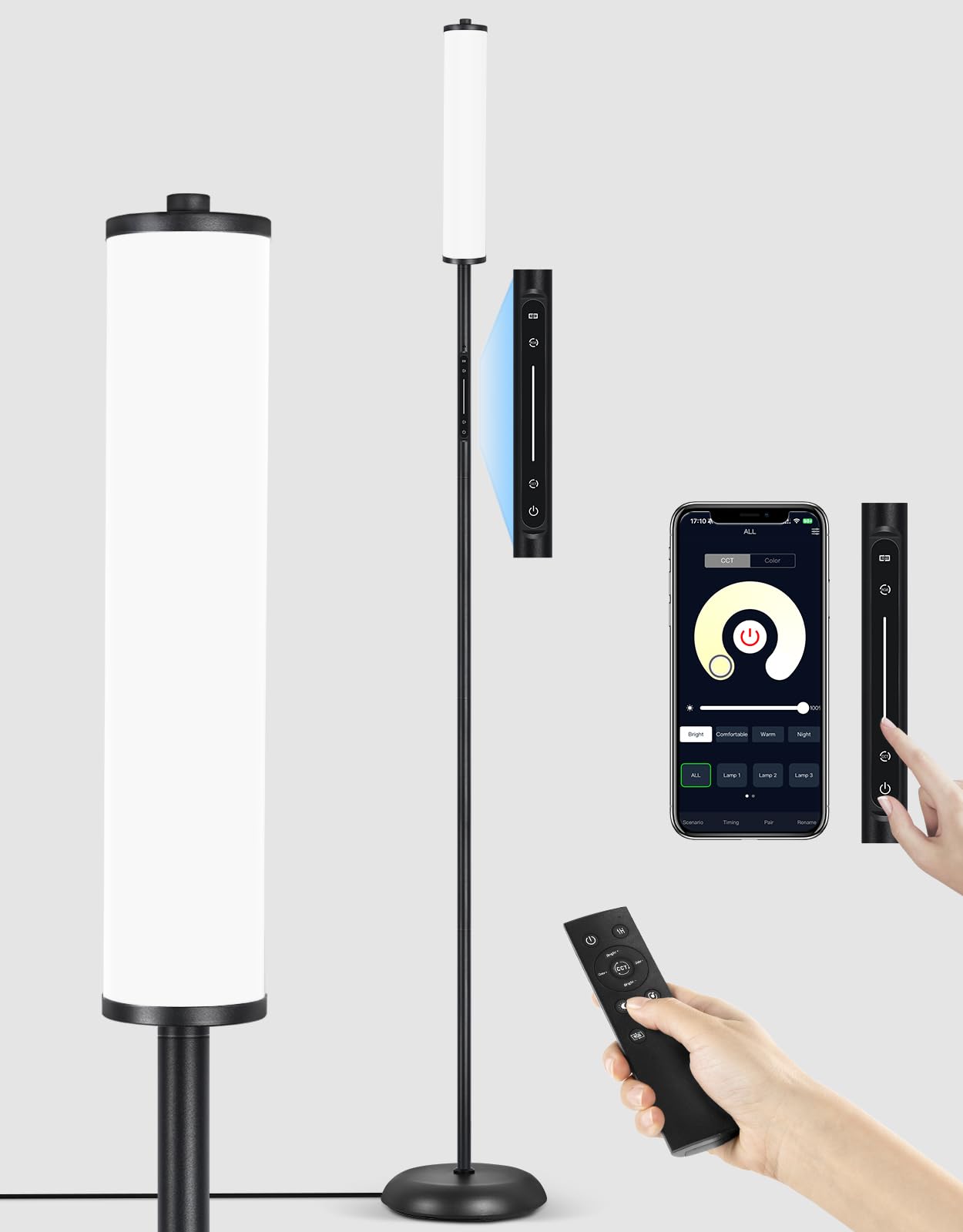 OUTON LED Floor Lamp with Remote & APP Control, 1500LM Ultra Bright 65" Tall Standing Lamp, 2200K-6500K & 5%-100% Brightness, Music Sync, Modern Corner Lamps for Living Room, Bedroom, Office, Black