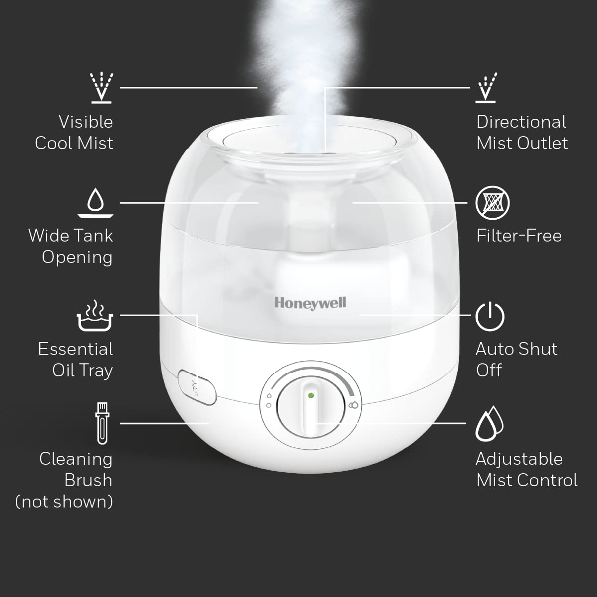 Honeywell HUL525WC Mini Mist™ Ultrasonic Cool Humidifier, White, With Essential Oil Tray, Variable Output Control, Auto Shut-off, Ultra Quiet Operation, Directional Outlet, Visible Mist