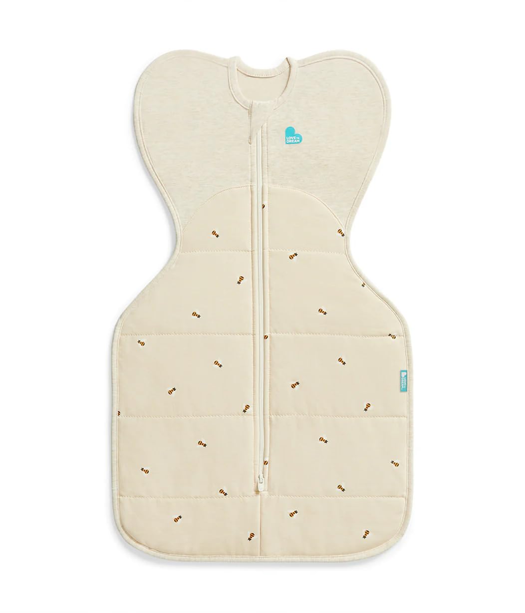 Love to Dream Swaddle UP, Warm 2.5 TOG, Dramatically Better Sleep, Allow Baby to Sleep in Preferred Arms Up Position for Self-Soothing, Snug Fit Calms Startle Reflex, Medium 13-19lbs, Oatmeal Bees
