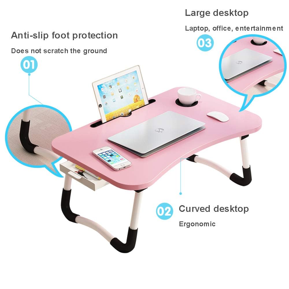 Lap Desk with Storage Drawer, Holders for Cup and Tablet for Kids and Adults, Tray Table with Foldable Legs, Laptop Bed Stand, Portable Standing Table for Sofa Couch Floor (23.6", Pink)