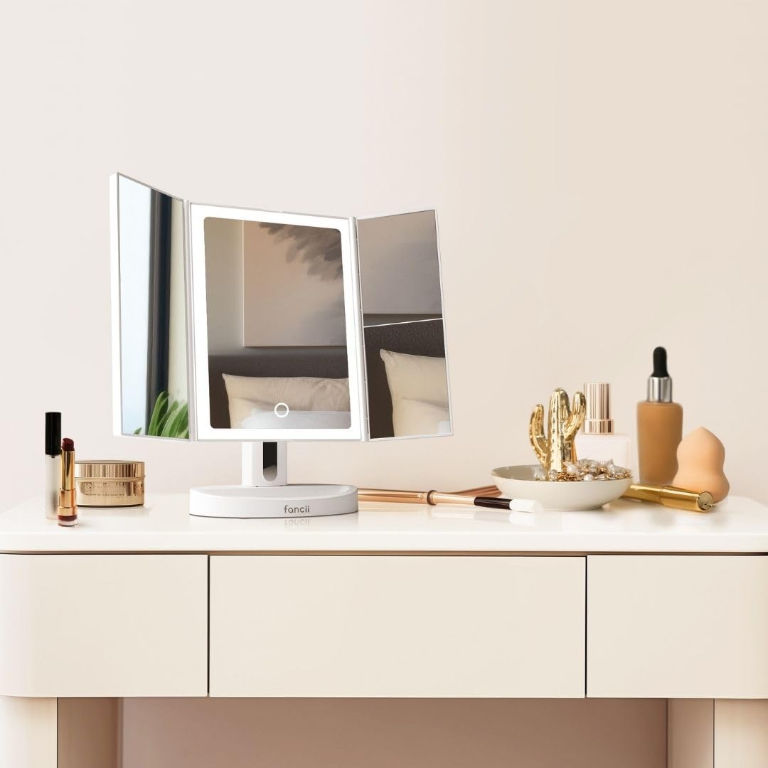 Fancii Vanity Makeup Mirror with LED Lights, 10x 5X 1X Magnification, Rechargeable - 68 Dimmable Natural Lights, Touch Sensor, Lighted Trifold Mirror with Stand (Proudly Canadian)