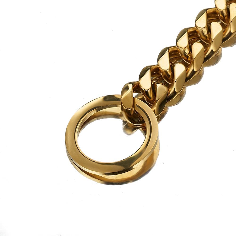 RUMYPET Gold Dog Collar 18K Gold NK P Chain 11MM/15MM/19MM Cuban Link Chain Collar Walking Trainning for Small Medium Large Dogs 12inch to 26inch(15mm,26inch)