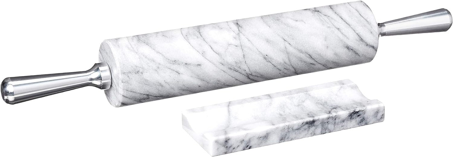 Fox Run Marble Rolling Pin and Base, White with Aluminum Handles
