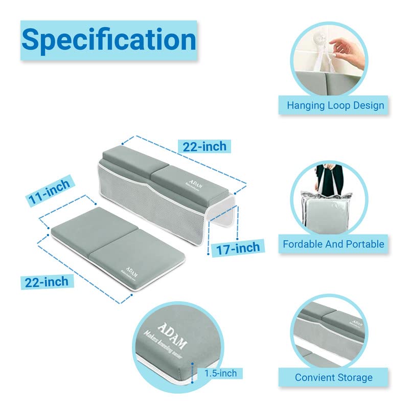 ADAM Bath Kneeler and Elbow Rest Pad Set - Adult Bath Pillow with Non-Slip, Waterproof, Plush Grey Kneeling Pad and Arm Support