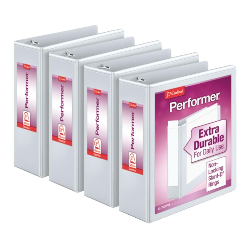Cardinal Binders 3 Ring, 3 Inch Slant-D Ring, ClearVue Custom Cover, White, Holds 725 Sheets, PVC-Free Non-Stick, XtraLife Hinges, 4-Pack Performer Series for Office or School Organization