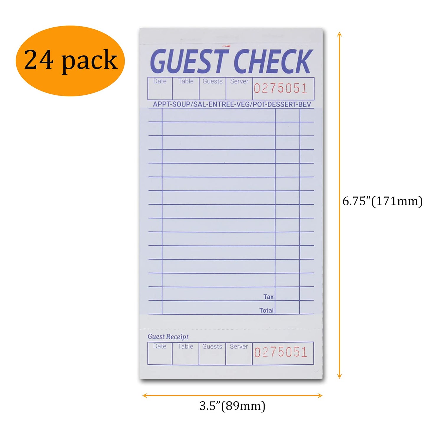 suituts 24 Pack Guest Checks Book/Server Note Pads, Waitress Notepad, Order Book for Restaurants, 1 Part Booked with 15 Lines, 50 Checks Per Book, with 6 Clips