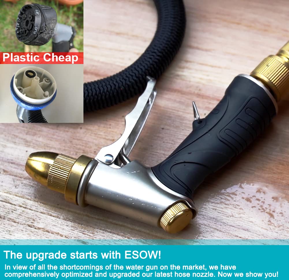 ESOW Garden Hose Nozzle 100% Heavy Duty Metal, Full Brass Nozzle & ABS Non-Slip Ergonomic Grip, 4 Watering Patterns, High Pressure Metal Spray Gun for Watering Plants, Car Wash and Showering Dog