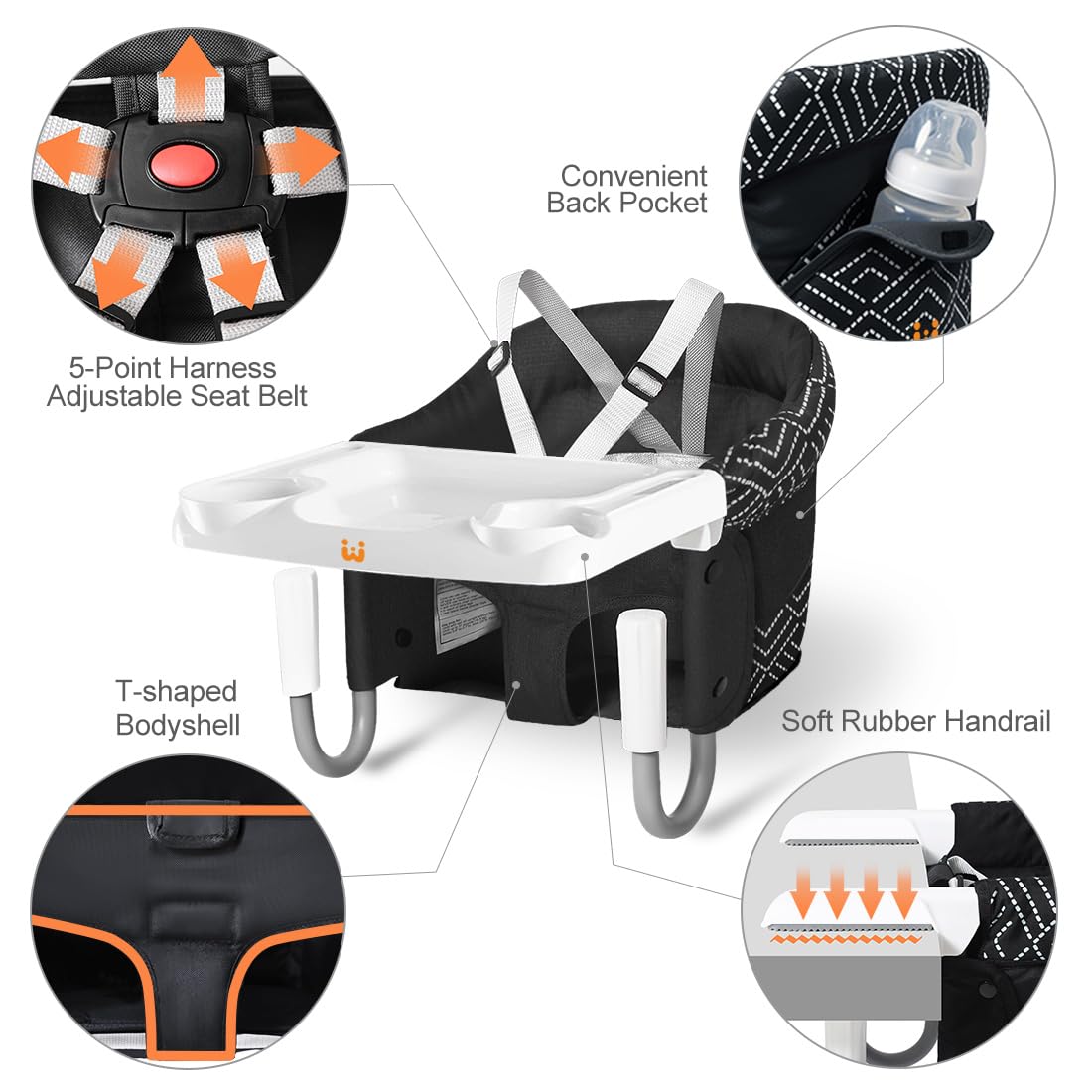 MTWML Hook On High Chair with Tray,Portable Baby High Chair That Attaches to Table,Clip On Fast Table High Chair for Babies and Toddlers.Baby Feeding Seat for Dining Table and Counter(Stripe-Black)