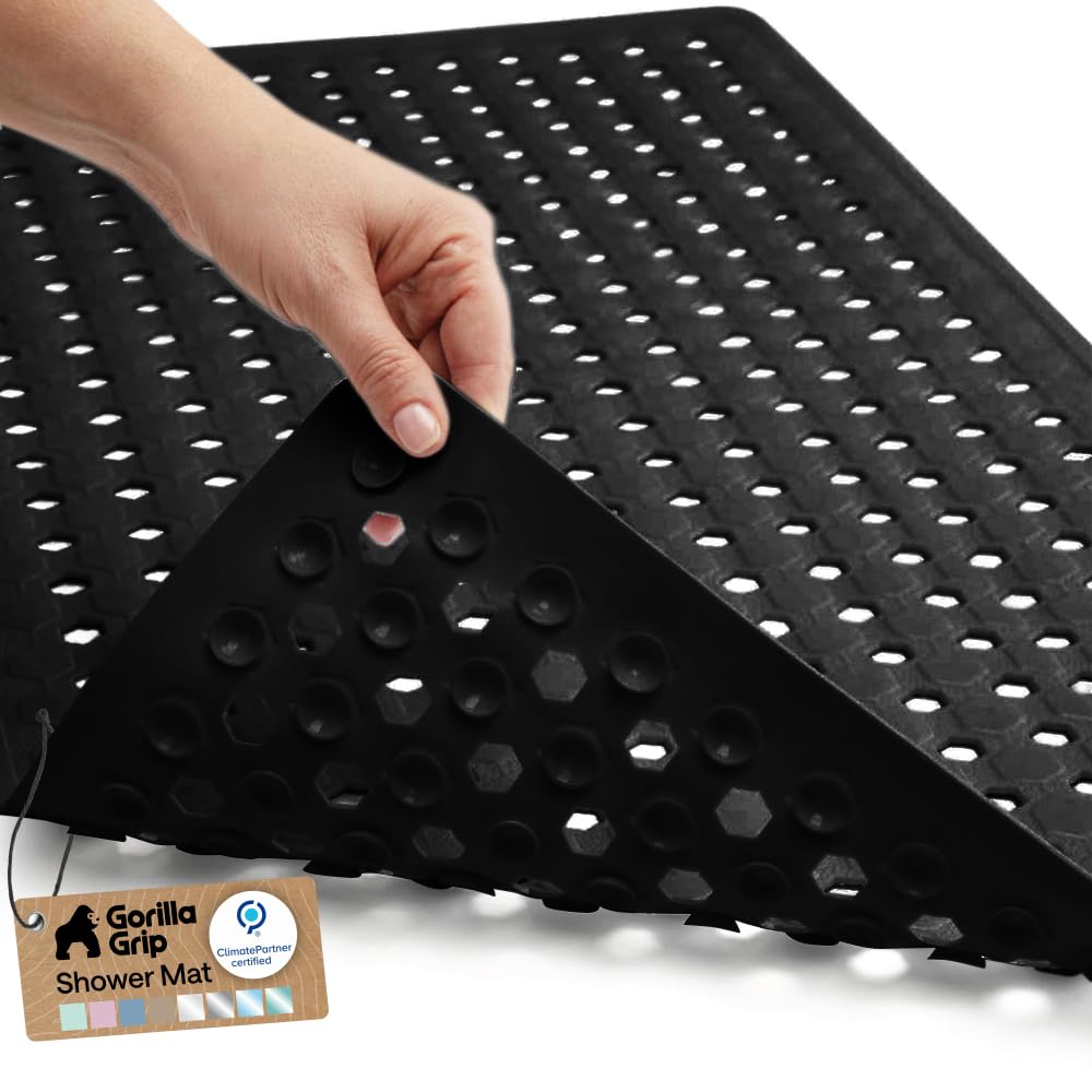 GORILLA GRIP Patented Bath Tub and Shower Mat, 35x16, Machine Washable, Extra Large Bathtub Mats with Drain Holes and Suction Cups to Keep Floor Clean, Soft on Feet, Bathroom Accessories, Black Opaque