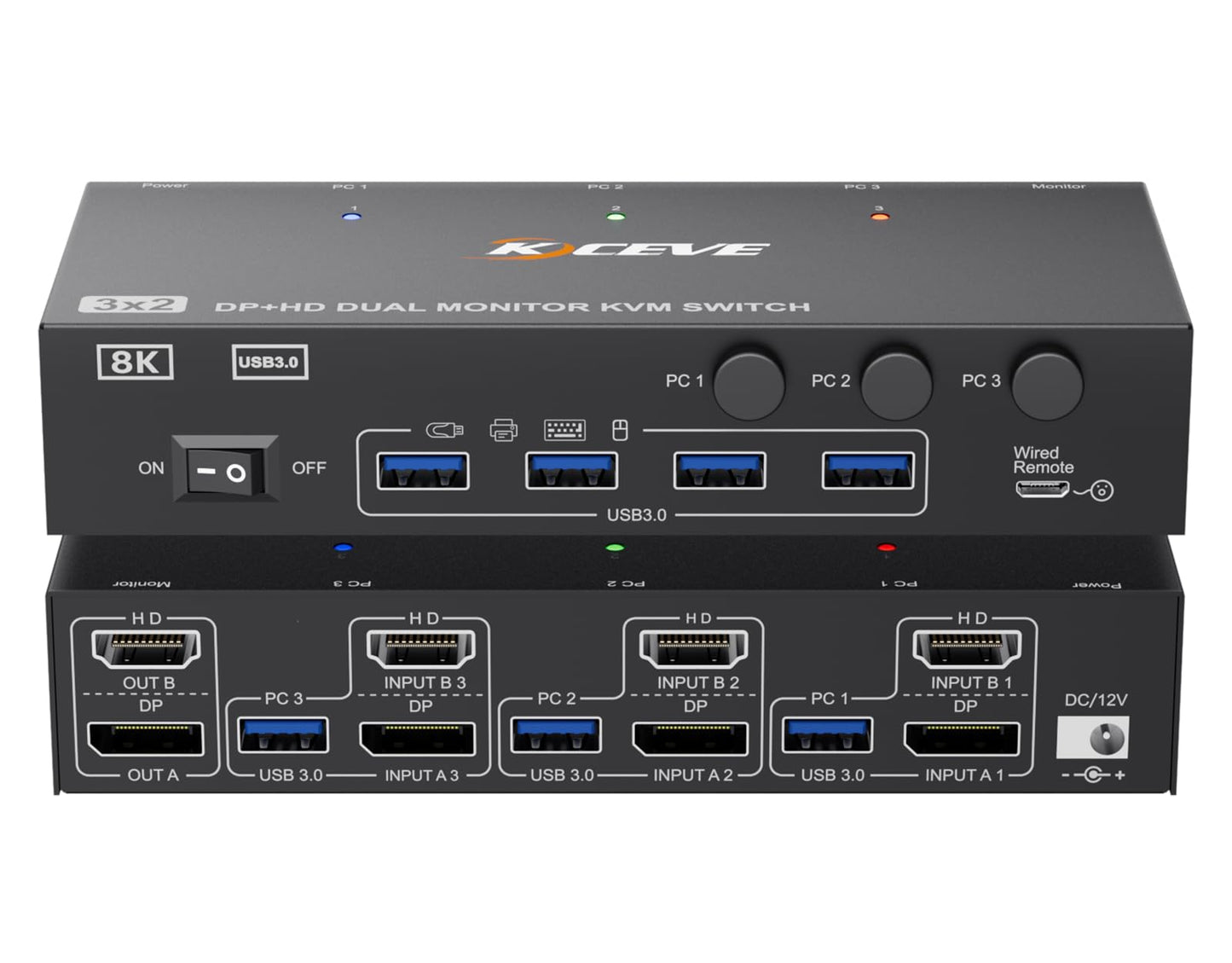 4K@144Hz KVM Switch 2 Monitors 3 Computers 8K@60Hz,Camgeet HDMI and Displayport Dual Monitor KVM Switch with 4 USB 3.0 Port for Keyboard Mouse Printer,Wired Remote,Power Adapter and USB Cable Included