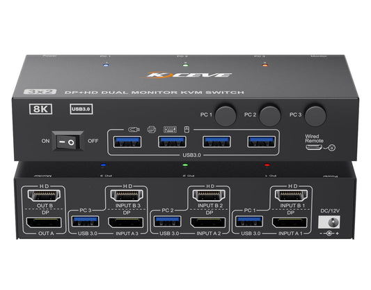 4K@144Hz KVM Switch 2 Monitors 3 Computers 8K@60Hz,Camgeet HDMI and Displayport Dual Monitor KVM Switch with 4 USB 3.0 Port for Keyboard Mouse Printer,Wired Remote,Power Adapter and USB Cable Included