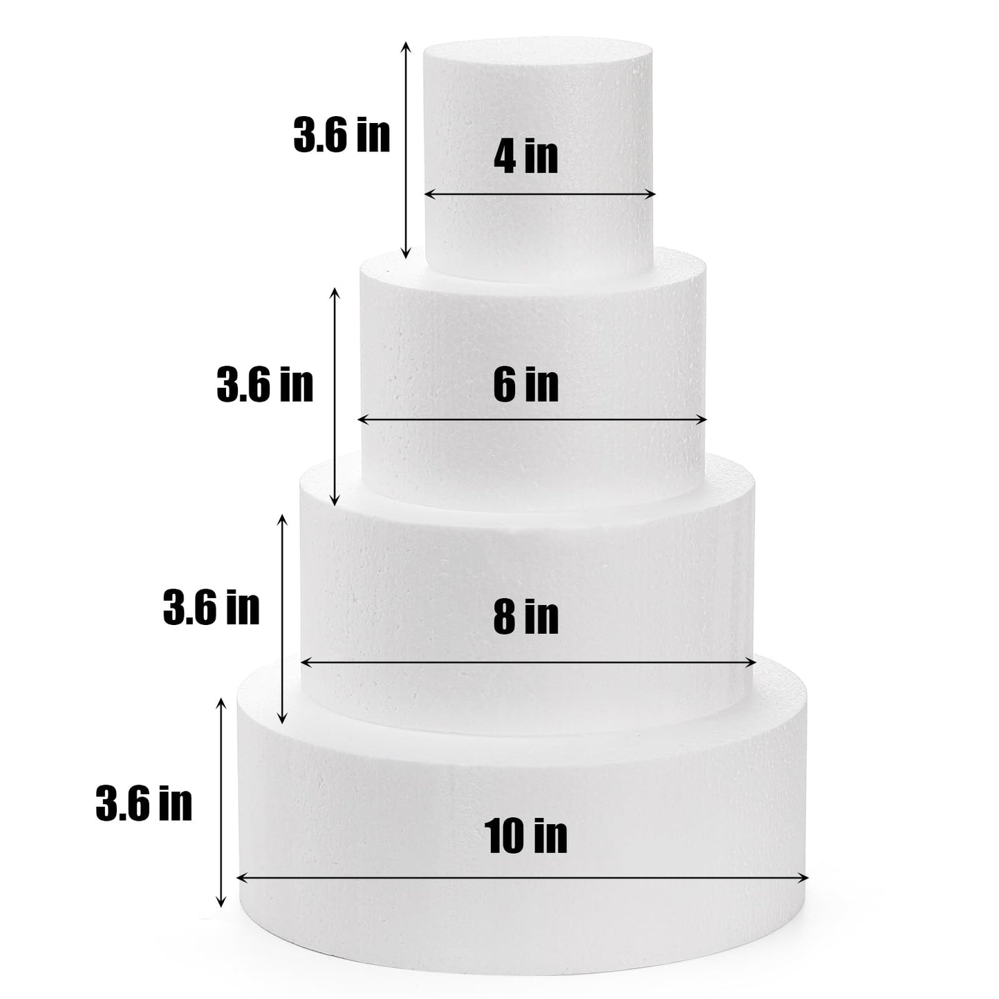 Hedume Set of 4 Round Foam Cake Dummies, 4 Tiers of 4" 6" 8" 10" White Dummy Cake Rounds, Cake Dummy Tier Set for Decorating, Crafts, Baking Displays, Wedding Cake Design, Birthday Cakes, Parties