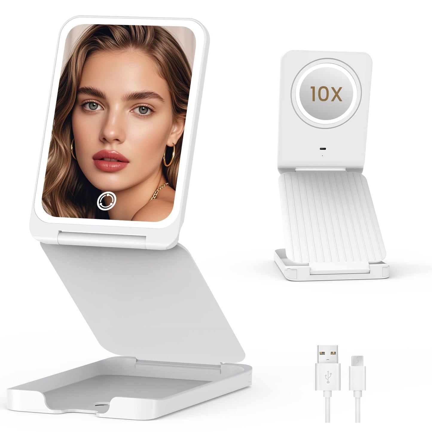 LAMPICK Travel Makeup Mirror with Lights, Foldable 1X Vanity Lighted Mirror with 10X Magnification, Rechargeable 1500mAh Battery, Dimmable Touch Screen, Freely Adjust Height and Angle