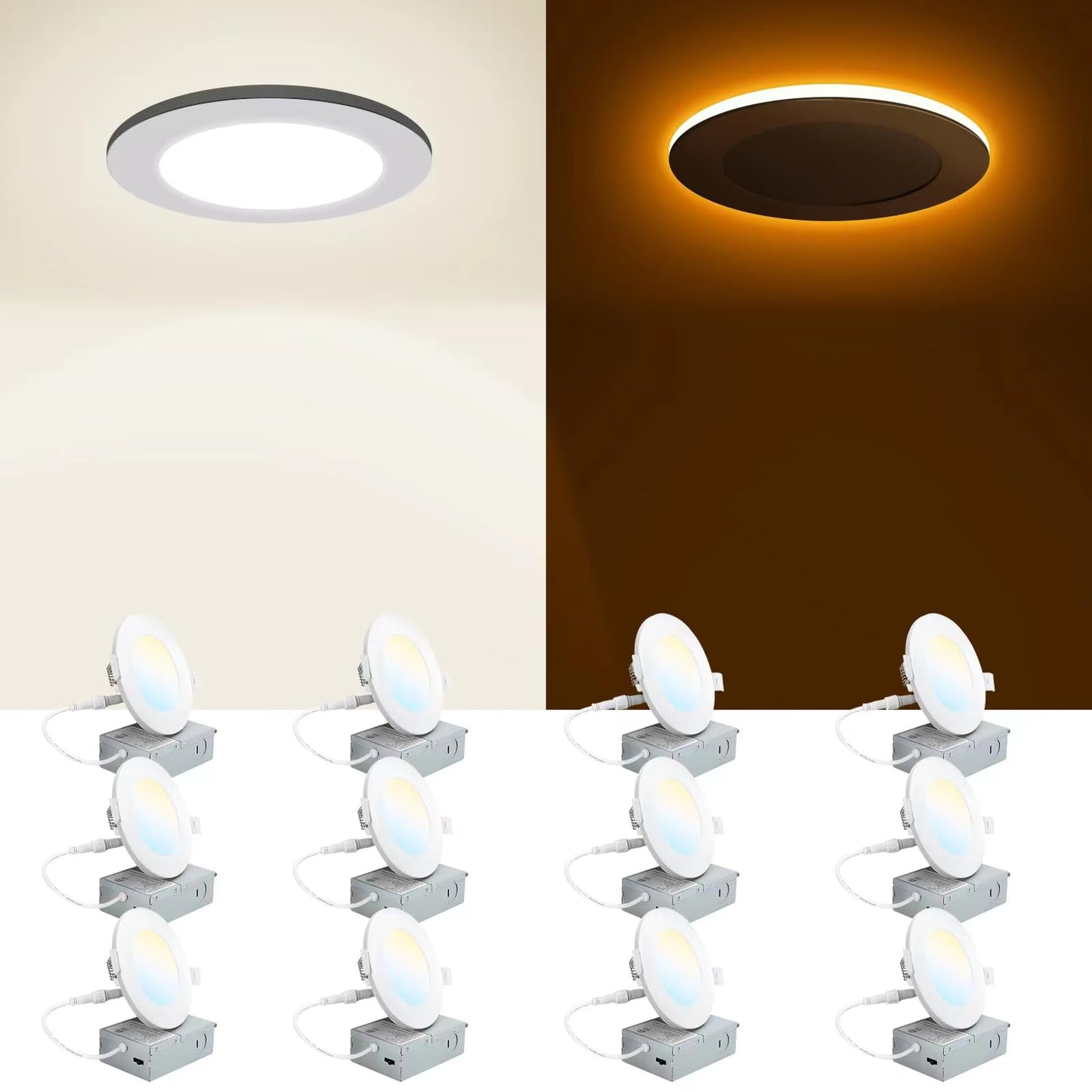 INCARLED 4Inch 5CCT LED Recessed Slim Pot Lights with Night Light, 2700K/3000K/3500K/4000K/5000K Dimmable IC Rated Recessed Lighting with Junction Box 12Pack 9W 750LM
