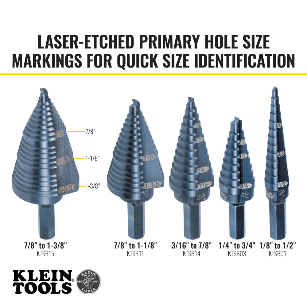 Klein Tools KTSB15 Step Drill Bit #15 Double Fluted 7/8 to 1-3/8-Inch with Easy-to-Read Step Markings and Targets, 3/8-Inch Hex Shank