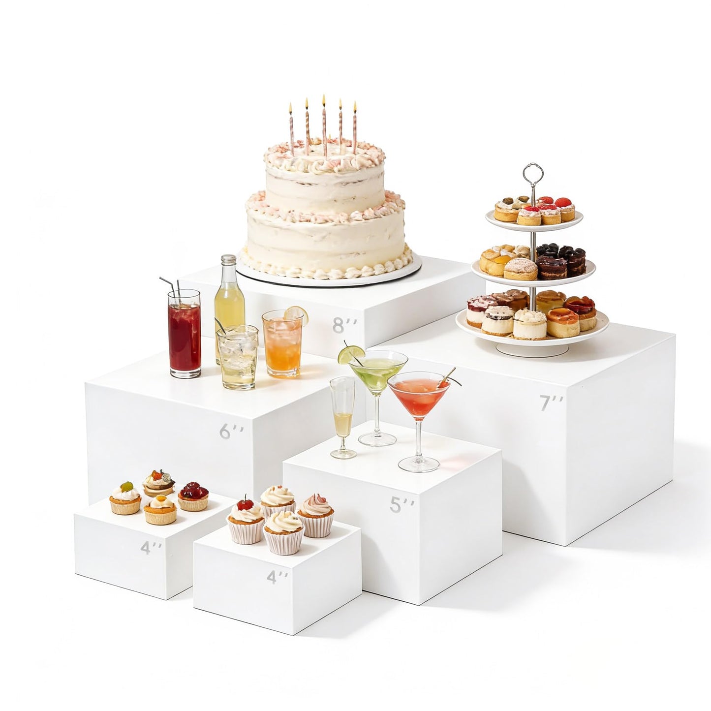 6PCS Buffet Risers,Food Display Stands,for Buffet Table,White Acrylic Cube Boxes Nesting Risers,Hollow Bottoms,for Cake Catering Dessert Party(8",7",6",5",4",4")