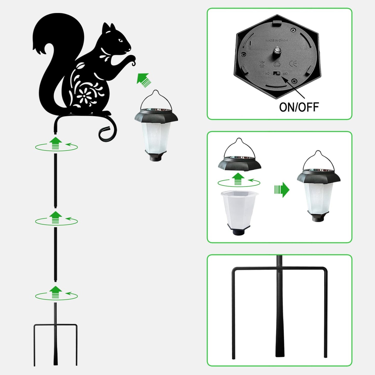 Metal Squirrel Garden Stake,Hokfirm Solar Lights Outdoor Solar-Powered with Lantern-Outdoor Waterproof Pathway and Garden Decorations (Black Squirrel)