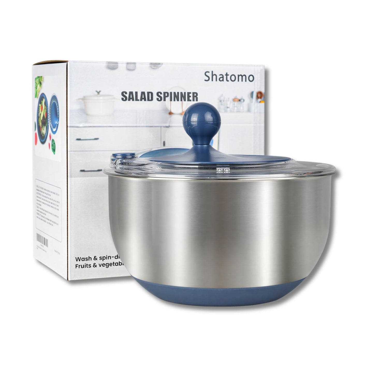 Shatomo Stainless Steel Salad Spinner, 5L Lettuce Spinner with Non-Slip Base, Drain and Stop Button, Fruit and Vegetable Washer and Dryer Spinner